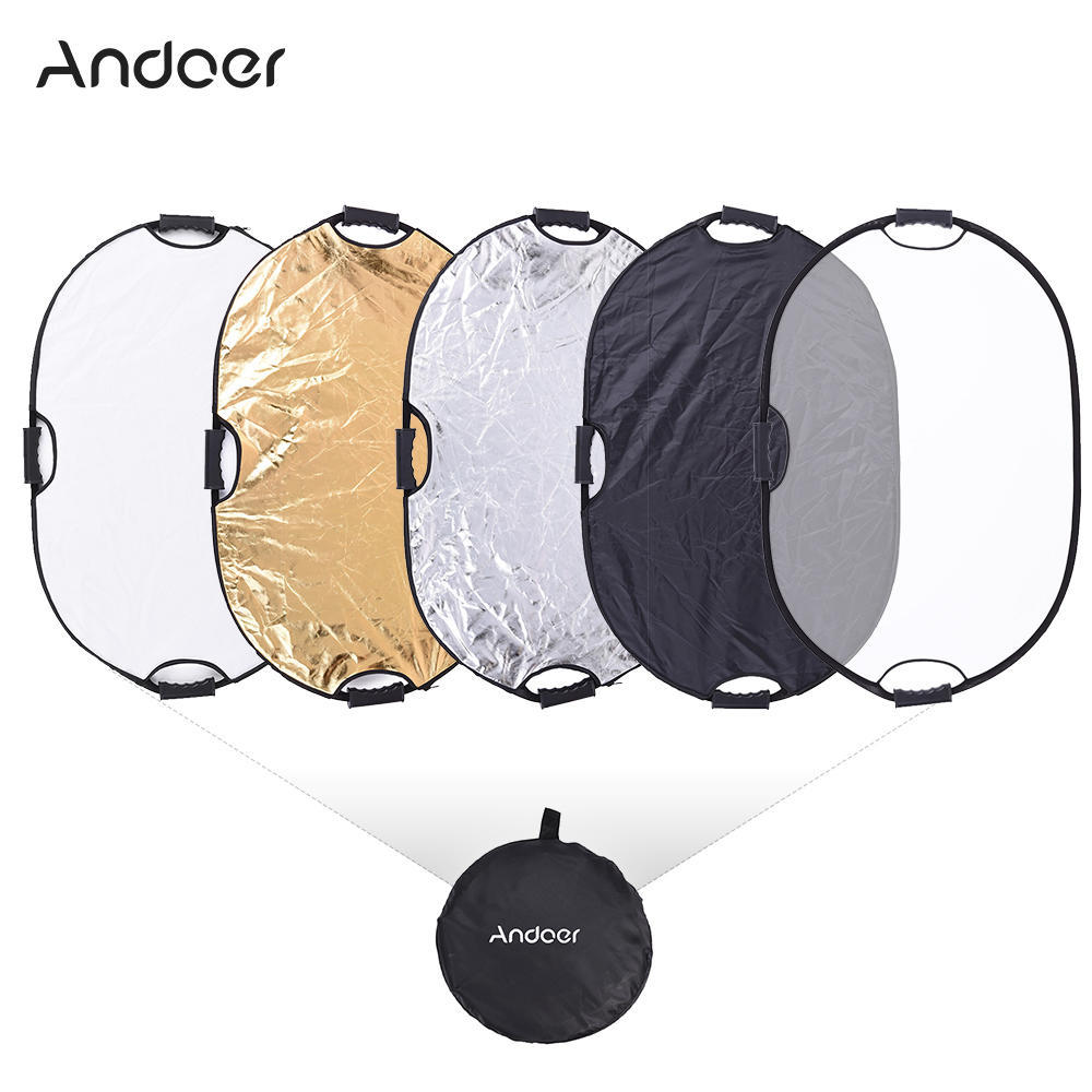 Andoer 90*60см Портативный Ручной Овальный Складной 5в1 Мультиотражатель с Золотым Серебристым Белым Черным Полупрозрачным Цветами
