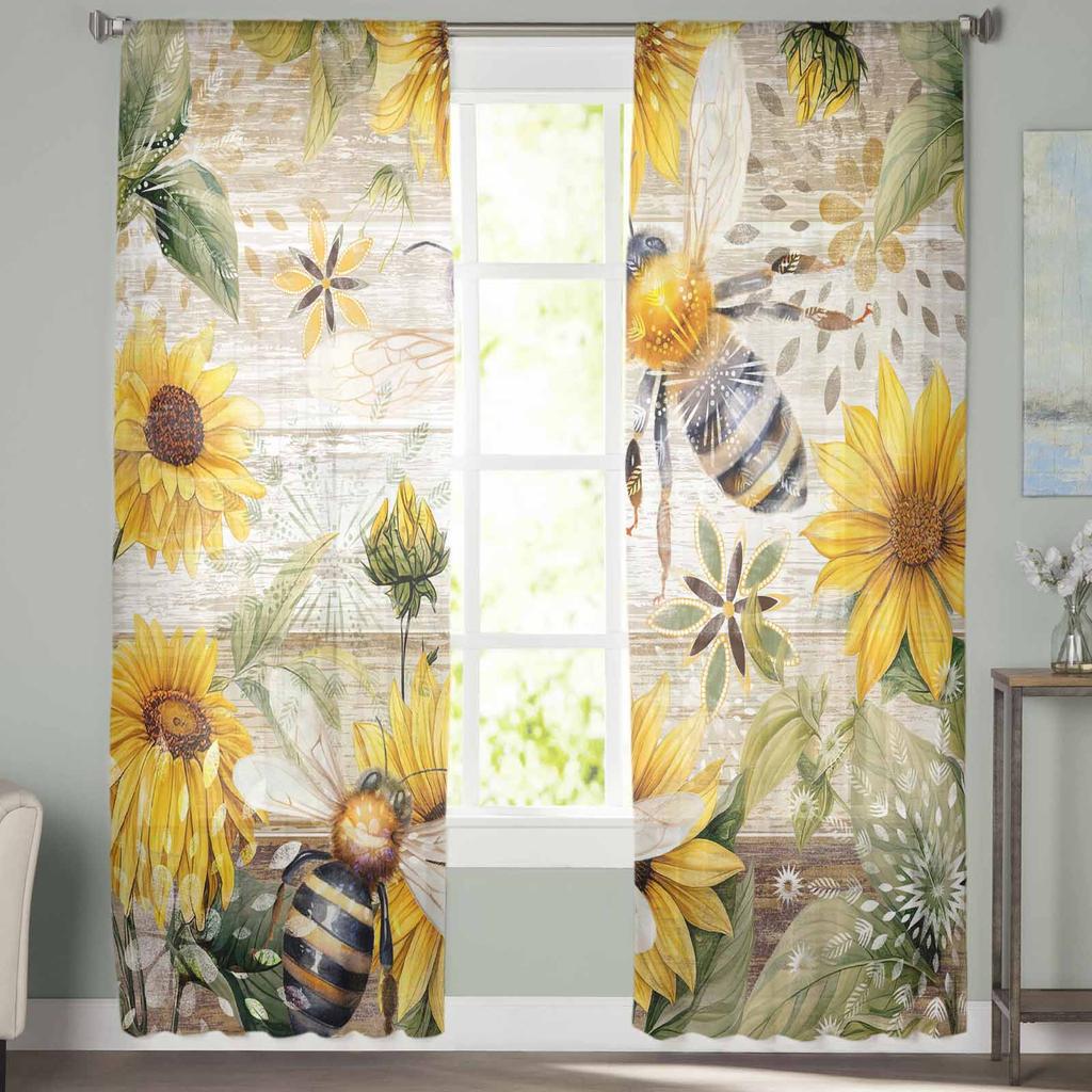 Винтажные сельские древесные растения, подсолнухи, пчелы, оконные тюлевые шторы для гостиной, отеля, роскошные украшения, прозрачные шторы