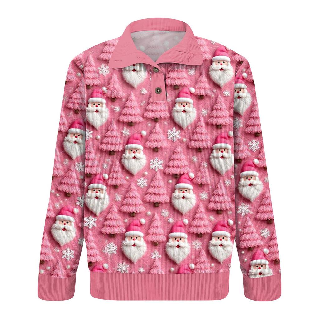 Men's Christmas Cotton Pullover Long Sleeve Outdoor Shirt Vintage Corduroy Button Stand Collar Shirt Casual Sweatshirt Christmas Print Top