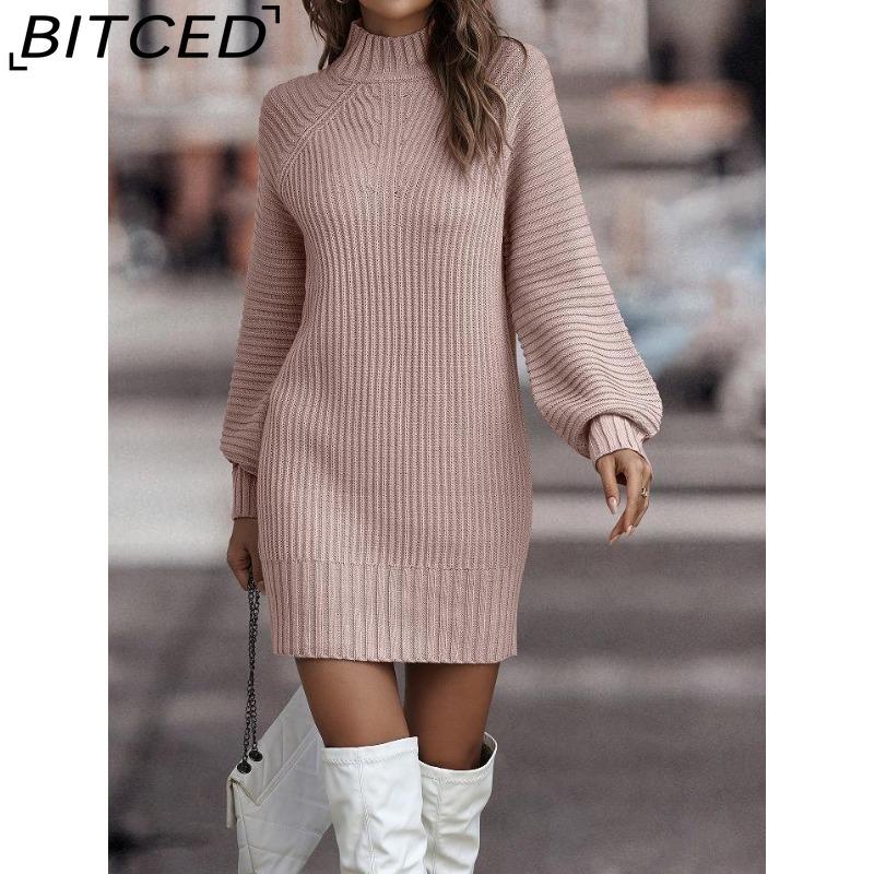 BITCED Осенне-зимнее однотонное модное платье-свитер с длинным рукавом и высоким воротом для женщин