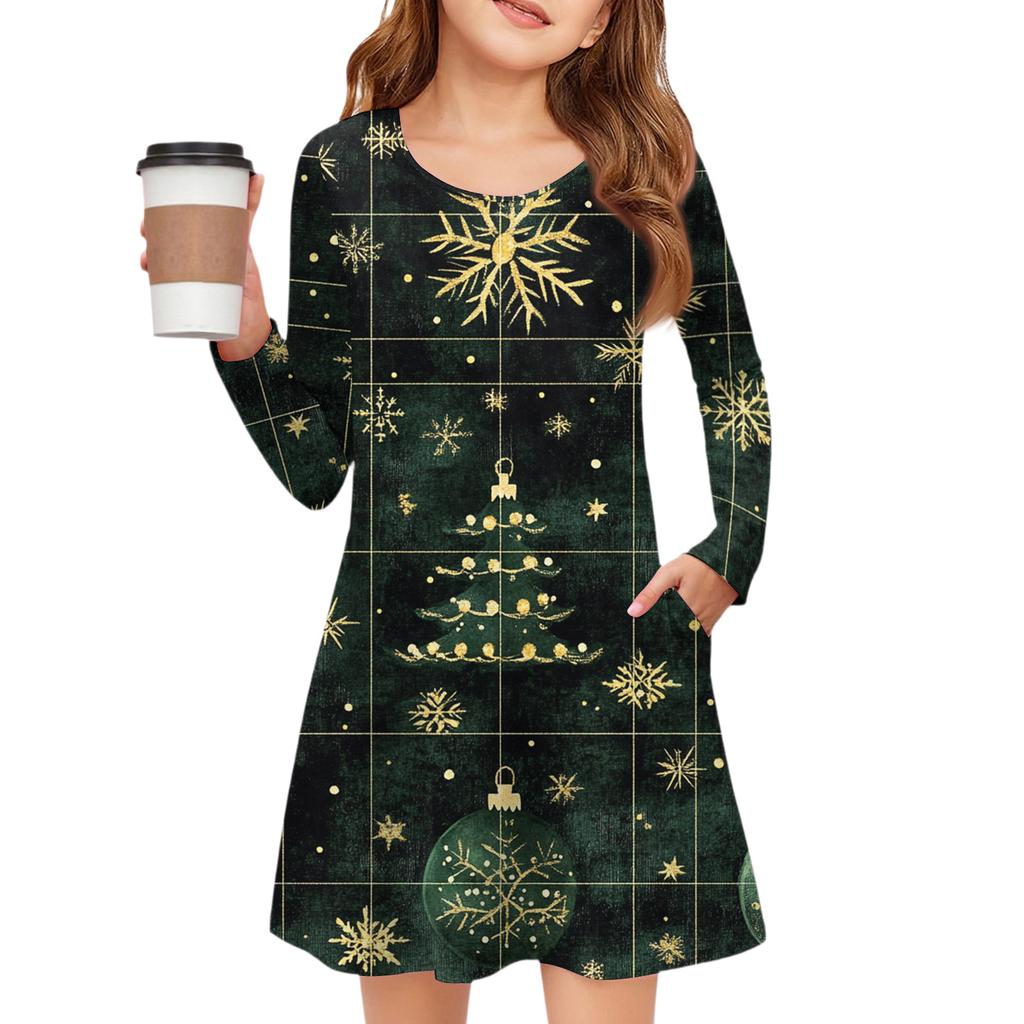 Christmas Day Girls' Long Sleeve Dress - Color Pocket Dress