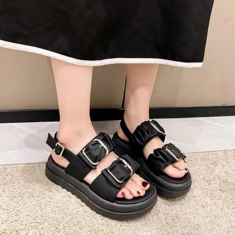 Новые летние сандалии на платформе, женская обувь, новые повседневные спортивные римские сандалии с пряжкой, женские плоские мягкие кожаные с открытым носком, пляжная обувь