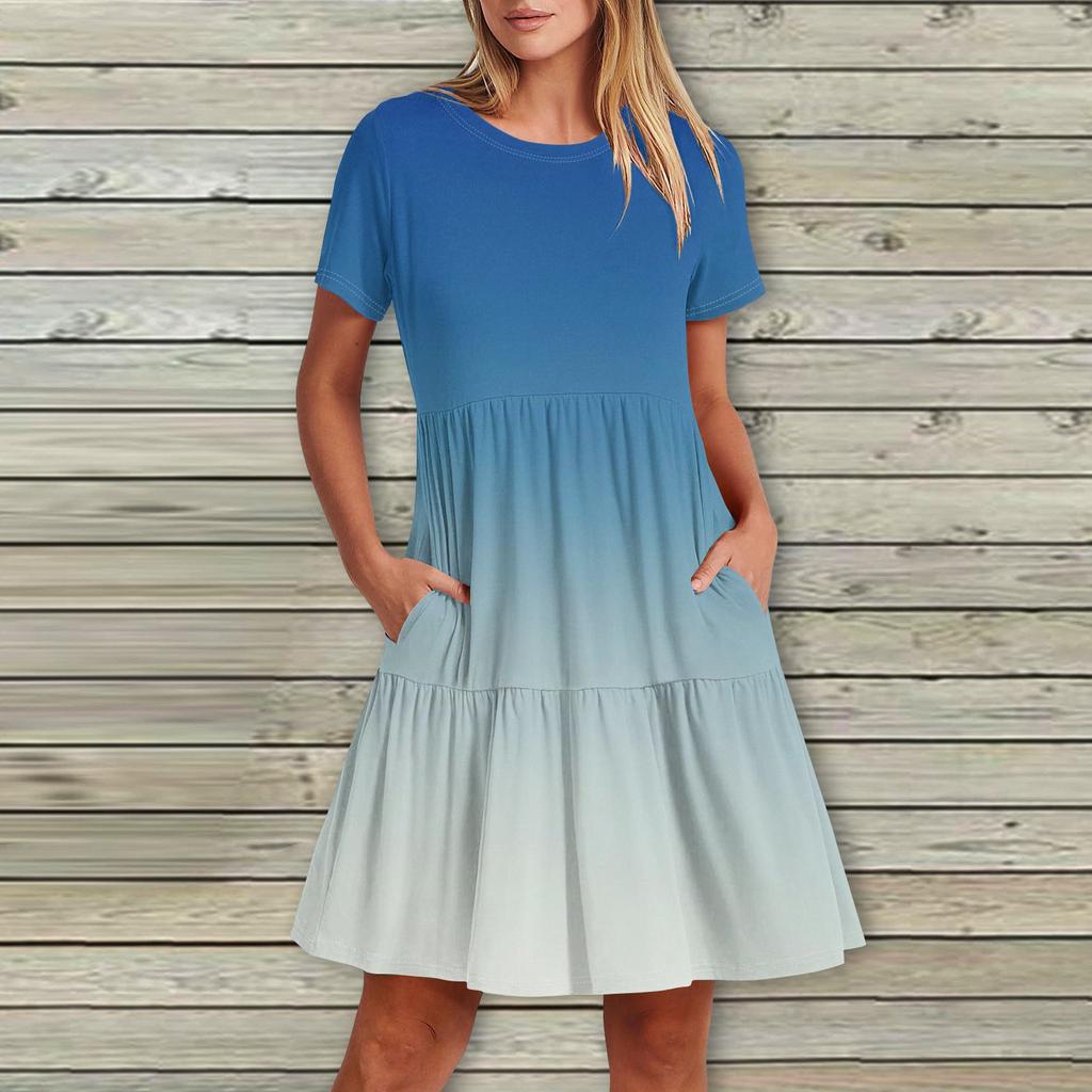 Женское повседневное модное платье-миди с круглым вырезом и коротким рукавом с принтом и карманом