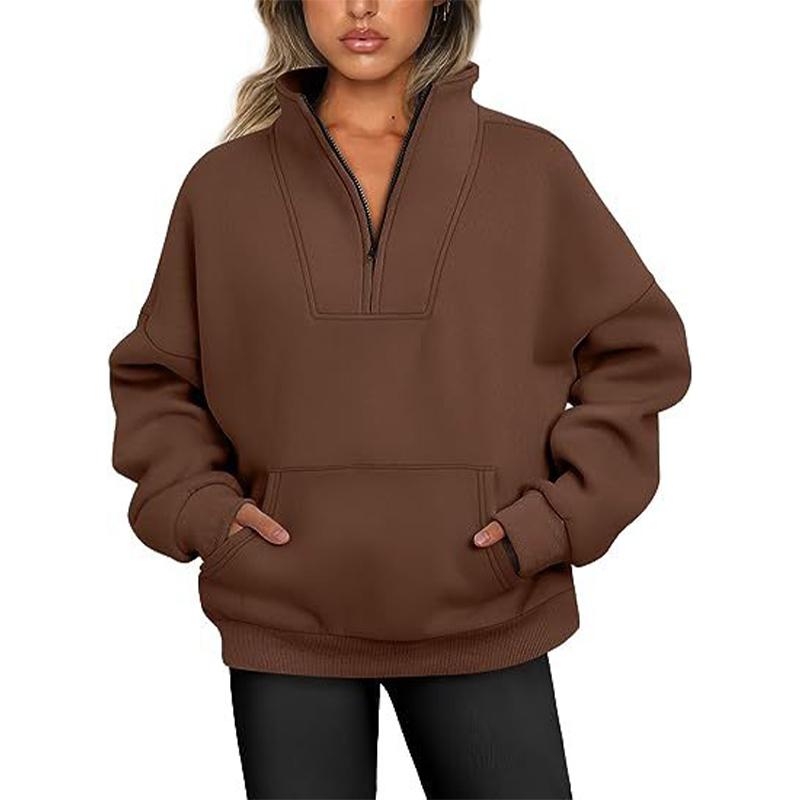 Women's Sweatshirt Stand Collar Solid Color Fashion Pocket Zipper Tops Casual Loose Fleece Ribbed Pullover