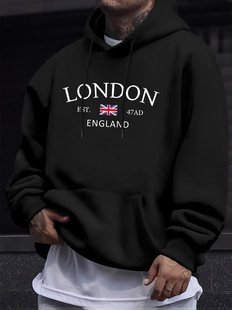 Stylish London England Flag Print Hoodie - Fashion Hoodies for Men with Long Sleeve Comfortable Regular Fit
