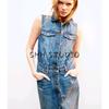 Spring New Women's Clothing Retro Mid Length Long Length Cotton Lapel Sleeveless Denim Dress 9942154