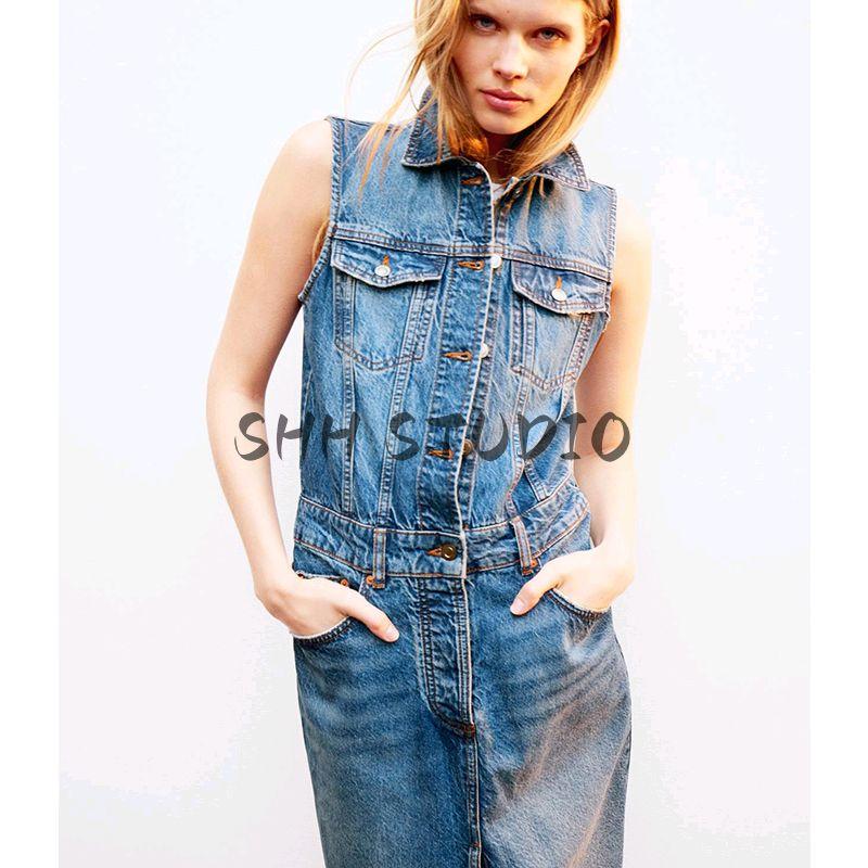 Spring New Women's Clothing Retro Mid Length Long Length Cotton Lapel Sleeveless Denim Dress 9942154