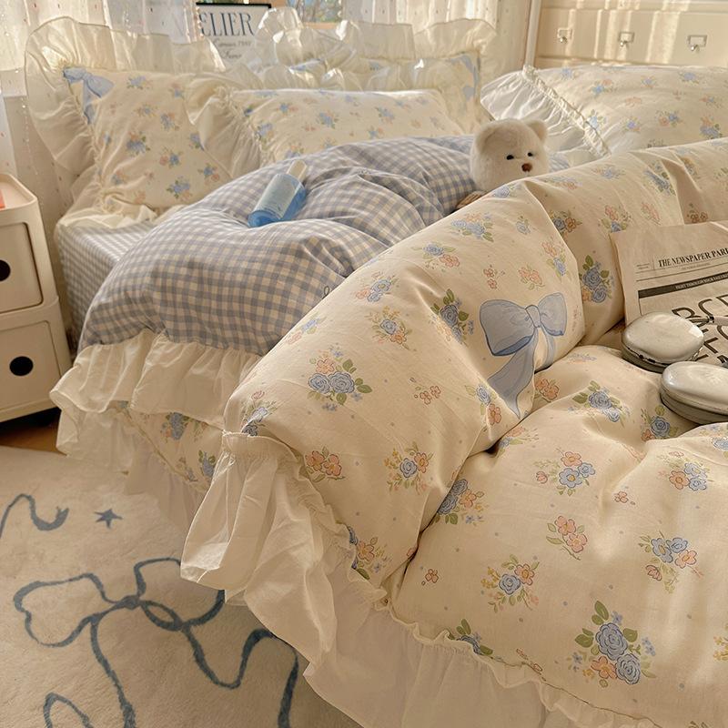 Французское кружево Комплект из четырех предметов для кровати Чистый хлопок Гипоаллергенный Комфортный Дышащий Стиранная простыня Пододеяльник Наволочка