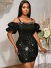 Black Off Shoulder Mini Dress with Puff Sleeves Rhinestone Decorated Straps 3D Flower Embroidered Flares Hip Bodycon for Party