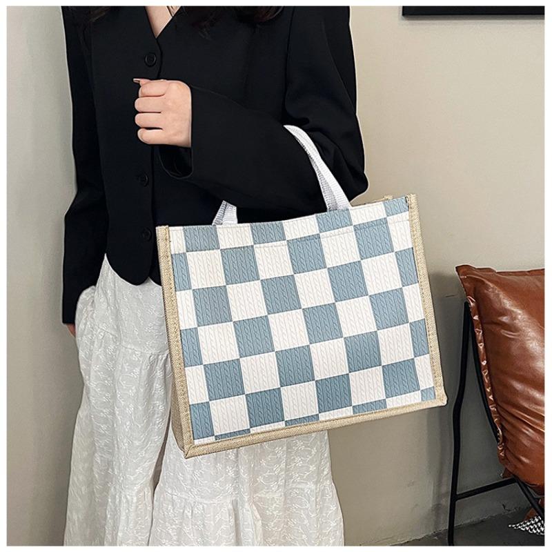 Льняная клетчатая сумка, большая вместительная клетчатая сумка для покупок, простая модная женская сумка через плечо
