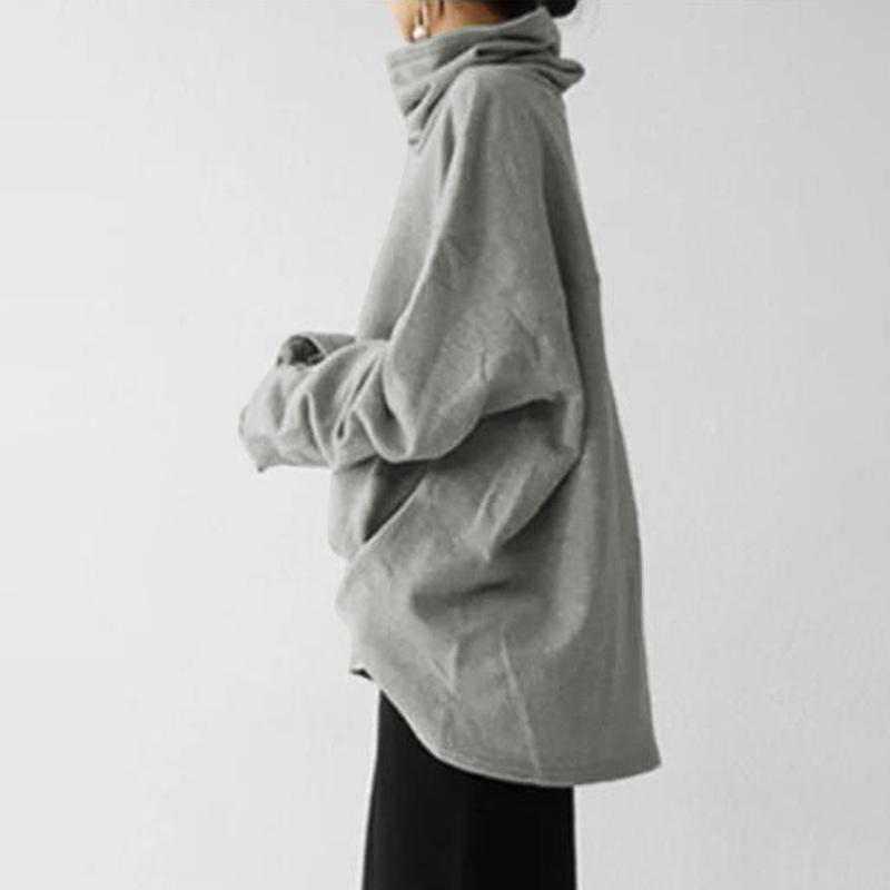 Autumn and Winter Women's Loose Casual Long Sleeve High Neck Pullover Solid Colour Pocket Sweatshirt