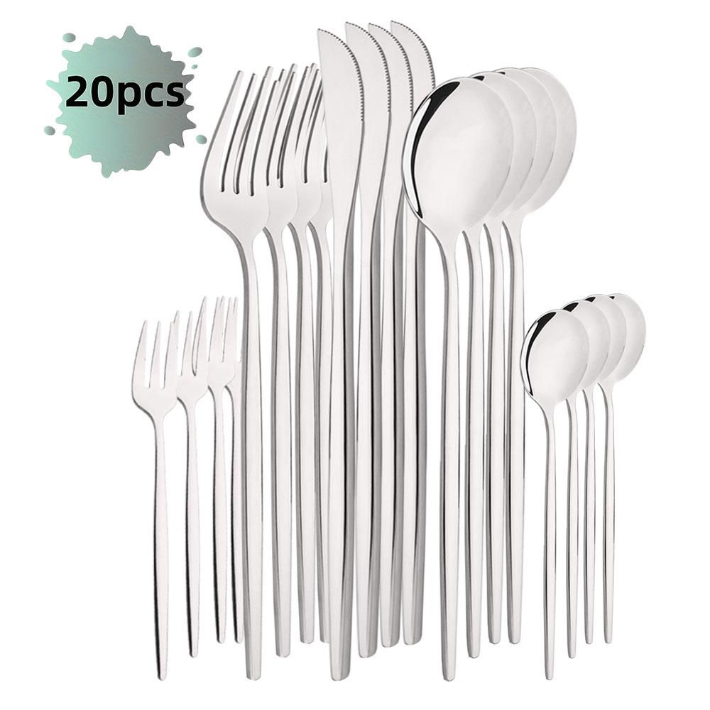 20Pcs/Set Silver Cutlery Set Stainless Steel Tableware Knife Cake Fork Spoon Dinnerware Set Kitchen Flatware Silverware