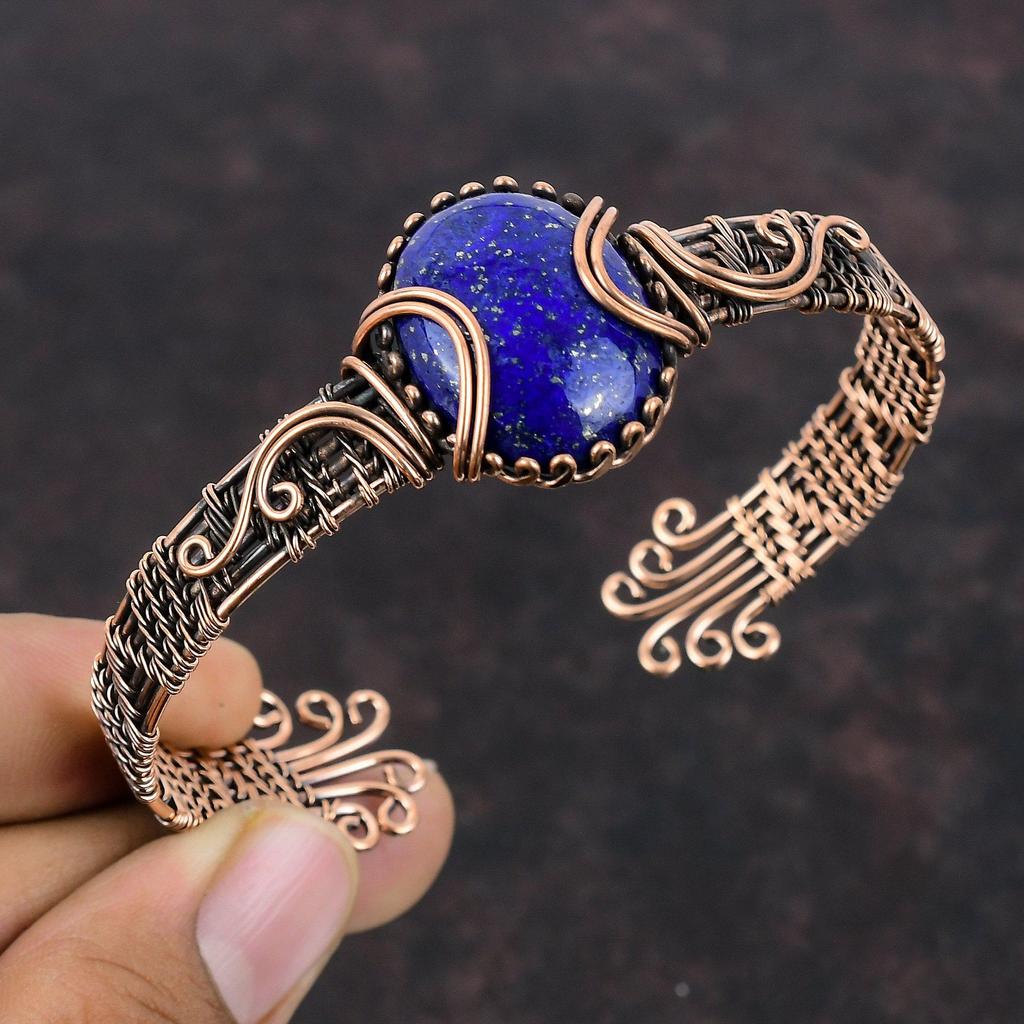 Браслет-манжета из лазурита, медная проволока, браслет с драгоценным камнем, регулируемый браслет ручной работы, медная проволока, ювелирные изделия, подарок на помолвку для нее