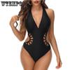 Черный цельный купальник, женский кружевной сексуальный купальник с лямкой на шее, Монокини, женский купальный костюм, боди с вырезами, одежда для купания