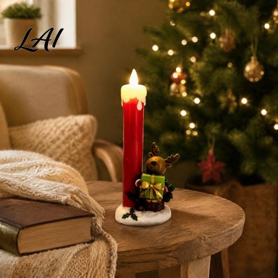 Festive Indoor Tabletop Displays Christmas Resin Figurine Candle Holder LED Flameless Electronic Light Decorative Figurines for Holidays Snowman Elf