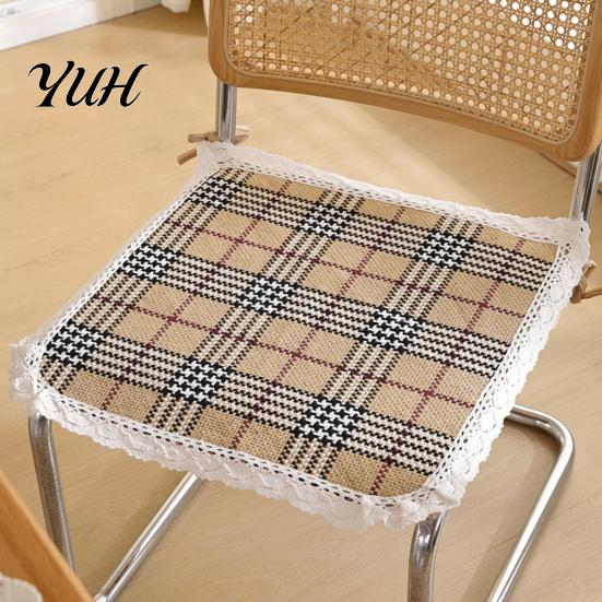 Thin Seat Pad for Home Cotton Linen Chair Pad, Striped Plaid Dining Mat with Lace Trim, Rustic Style Breathable Ties Office Barstool Non Slip Kitchen