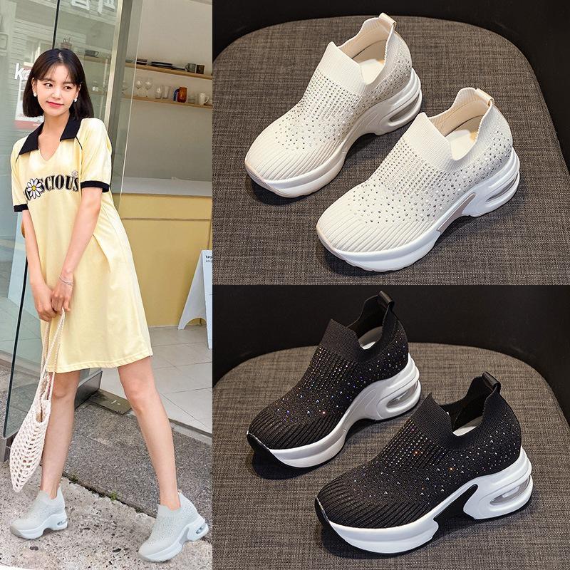 Inner Height-increasing Women's Shoes 2025 New Summer Slim Fly-woven Shoes Women's Breathable Mesh Rhinestone Thick-soled Air Cushion Mother Shoes