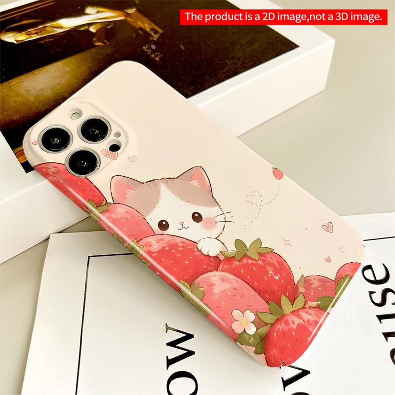 2DFlat Strawberry Cat Peek-A-Boo Phone Case All inclusive film hard iPhone case, compatible with iPhone 18 Pro Max 17 16 15 14 13 12 11