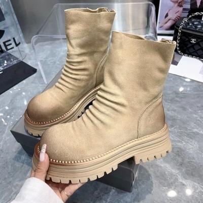 Мода 2024 Высококачественная женская обувь Женские сапоги с застежкой-молнией сзади Модные современные сапоги с круглым носком Женские новые однотонные сапоги до середины икры Zapatos Mujer