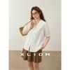 Xiaoli Plus size women clothing Breathable Bamboo Artificial Linen Age-Reducing Wooden Ear Shoulder Chubby Girl Summer Short sleeve Shirts