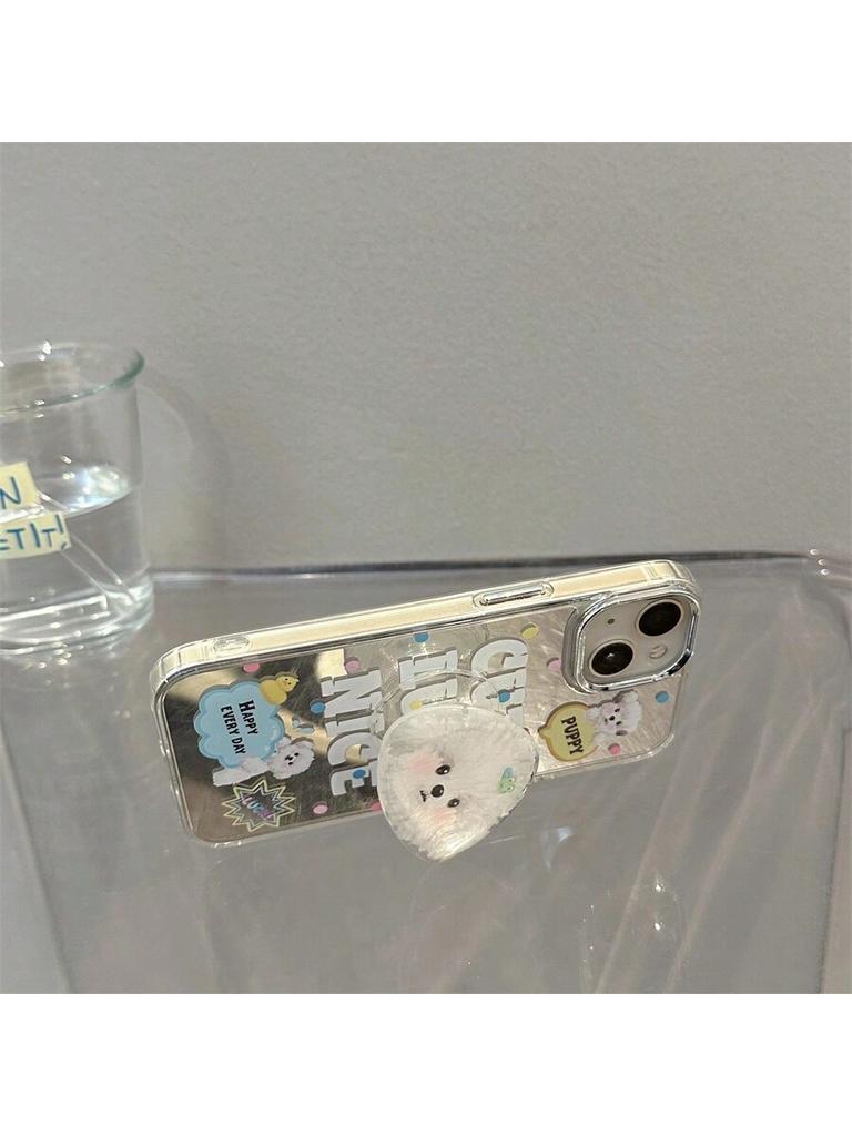 Cute Puppy Mirror Phone Case with Puppy Stand for IPhone 15 14 13 12 11 Anti-fall Girl Phone Case