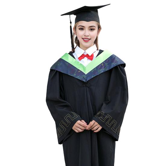 Bachelor Uniform with Hat V Neck Knee Length Long Sleeve Hidden Button Liberal Arts Student Graduation Robe Graduation Party Clothes
