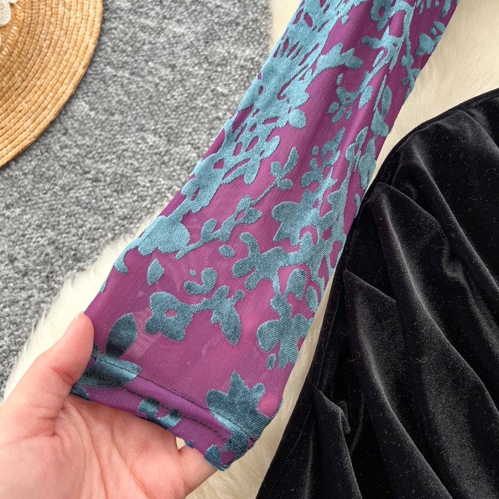 Винтажное платье с V-образным вырезом, элегантными длинными рукавами, шикарным флокированным принтом, вставками из бархата, облегающее, бандажное, вечернее, для улицы, зимняя одежда