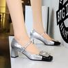 Women's Shoes with Thick Heel, Mid Heel, Light Mouth, Color Blocked Square Toe, Metal Rhinestone Buckle, Straight Strap, Single Shoe
