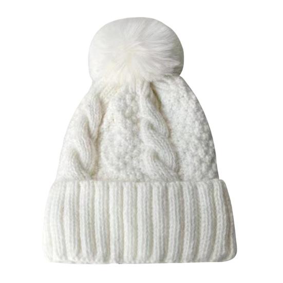 Unisex Winter Beanie Knitted Thick Folded Brim Solid Color Stretchy Pom-Pom Hat Ear Protection Piled Hat Windproof Cold Weather Warm Headgear
