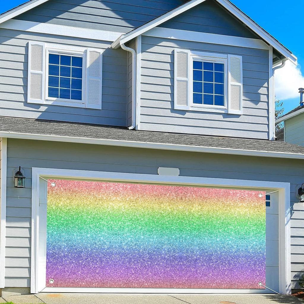 Colorful Rainbow Printed Garage Door Decorations Background (No Glitter) Party Photography Backdrop Kids Girl Princess Birthday Outdoor Banner Party