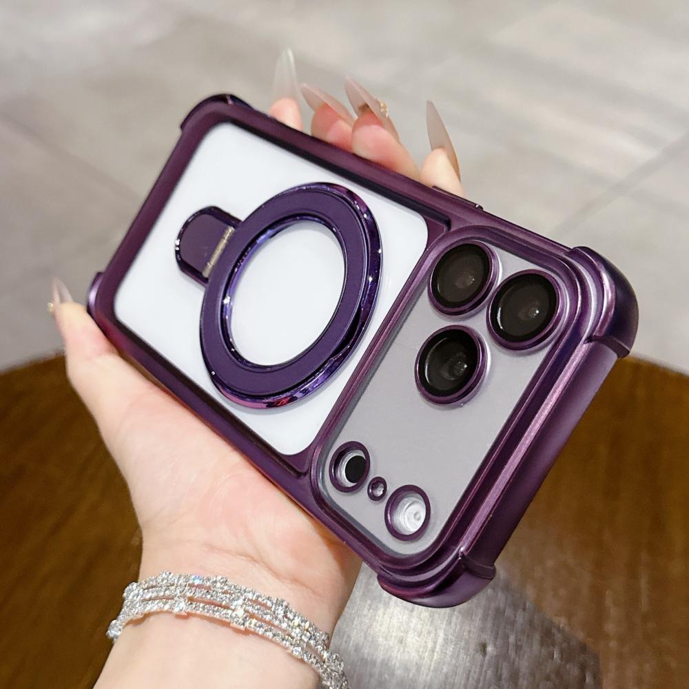 Magnetic Plating Matte Bracket Stand Clear Case For iPhone 17 Air 16 15 14 13 Pro Max Plus Shockproof Lens Protect Cover