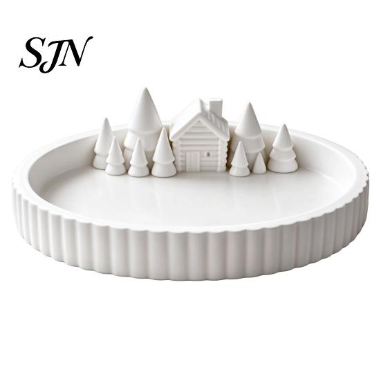 Jewelry Organizer Dish 3D Printed Winter Christmas Village Trinket Tray, Cottage Fir Tree Decorative Storage Tray Dish, Desktop for Vanity Entryway,