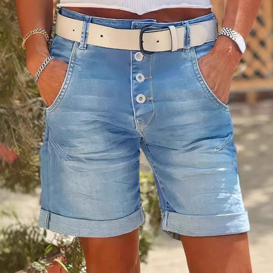 Женские джинсовые шорты с высокой талией и подвернутыми манжетами, утягивающие джинсовые шорты-бермуды с карманами