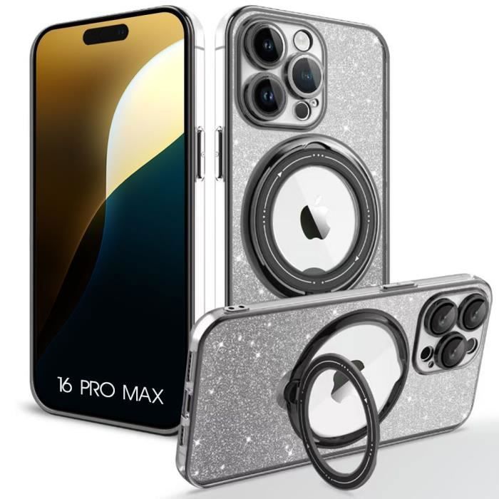 Защитный чехол - Силикон - для iPhone 16 Pro Max - Противоударный - Вращающаяся подставка - Черные блестки