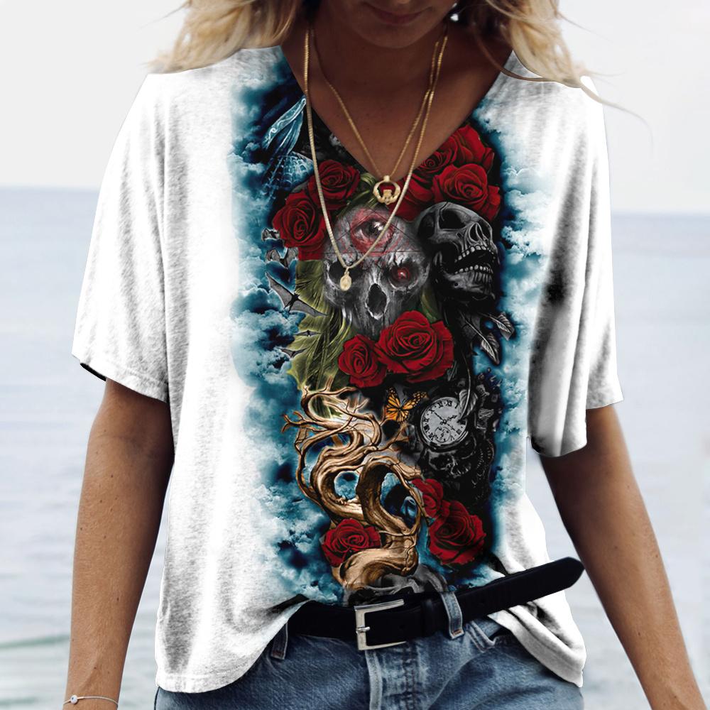 2022 New Women's T-shirts Skull Print Women's Short-sleeved Tops V-neck Pullover Streetwear Oversized T-shirts Summer Clothing