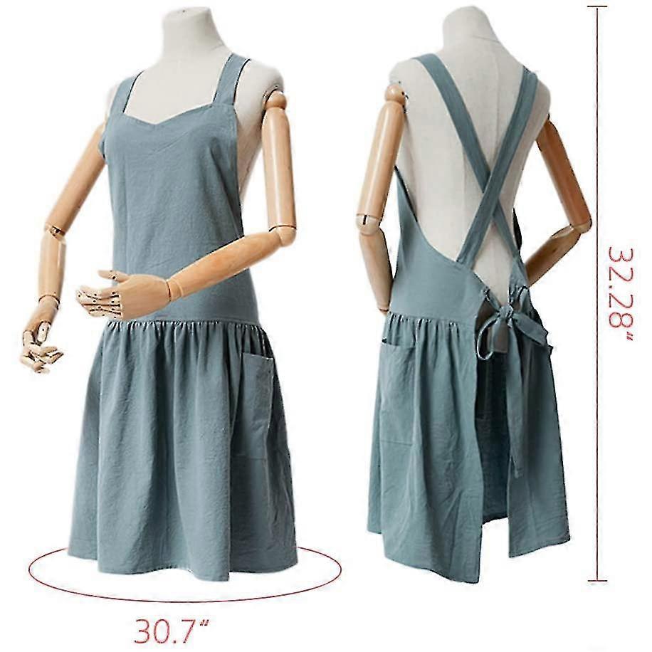 Cotton Linen Cross Back Apron For Women With Pockets For Painting Gardening