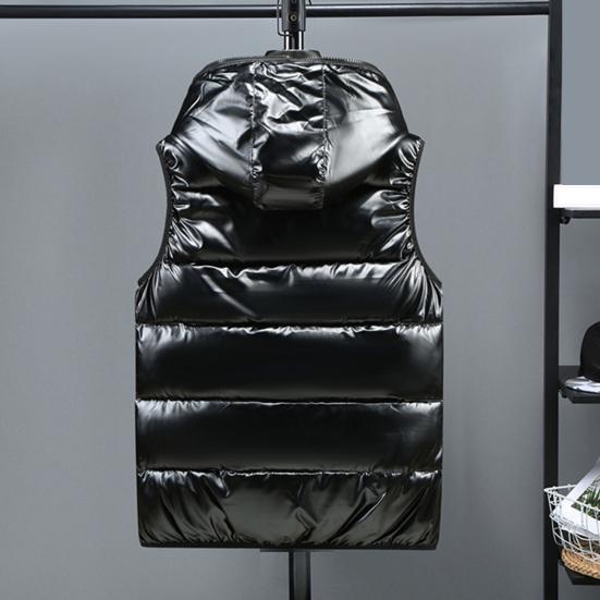 Autumn Winter Men Vest Cotton Padded Hood Solid Color Plus Size Bright Surface Thickened Jacket Streetwear