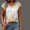 Women's V-neck Short Sleeved Spring Flower Printed Top Loose T-shirt Casual Shirt