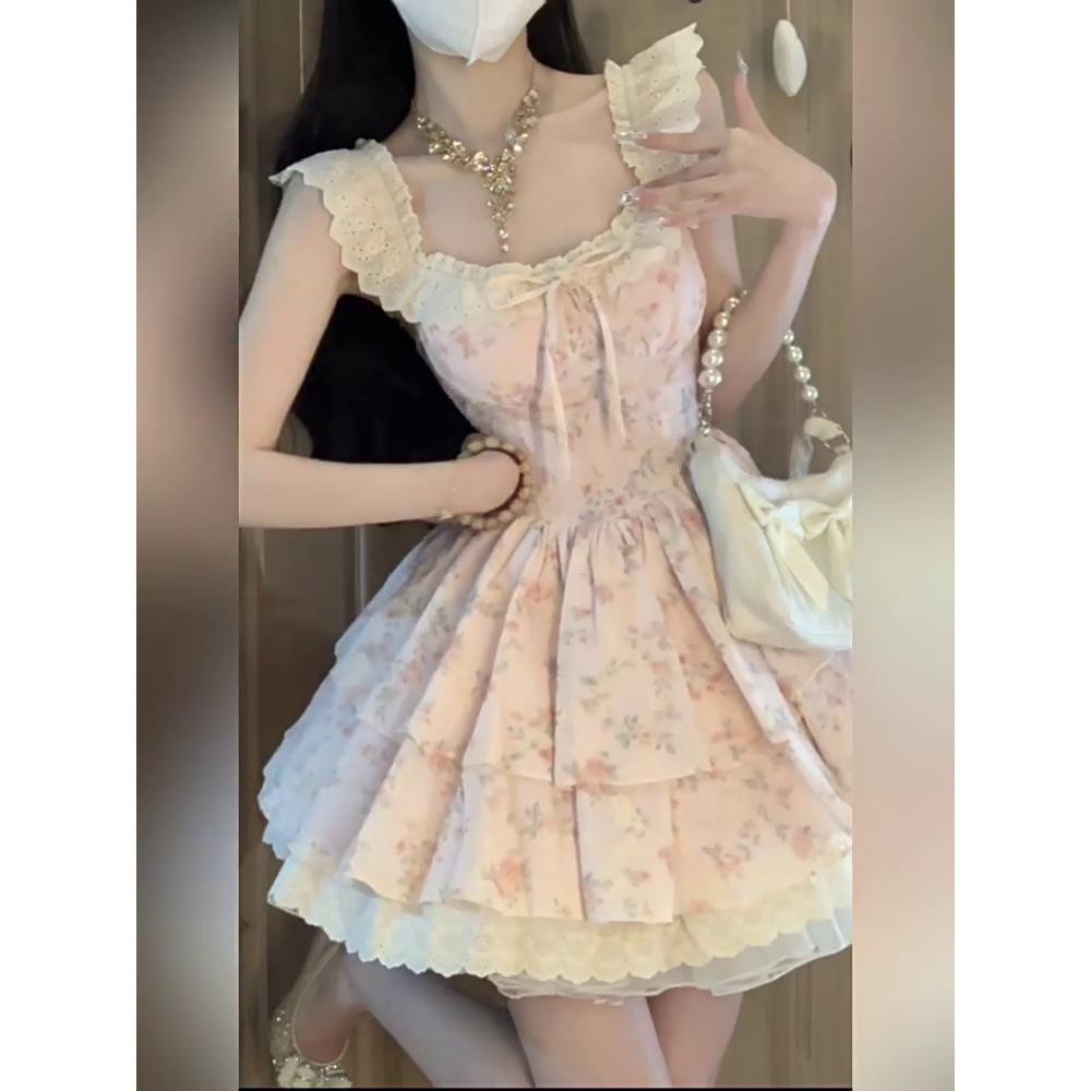 Самодельное платье принцессы с короткими рукавами-крылышками, нежным цветочным принтом на талии, приталенное, с квадратным вырезом, пышное, женское