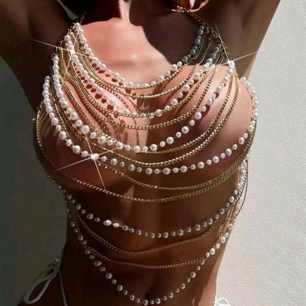 Vest, Multiple Chains, Punk Tassel Chain, Neck Hanging Pearl, Top, Tank Top, Body Chain, Chest Chain, 2025 New Model