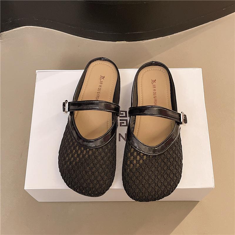 Baotou Half Slippers Women's Outer Wear 2025 New Summer Versatile Flat-bottomed Mesh Breathable Fairy Wind Soft Bottom Cool Slippers