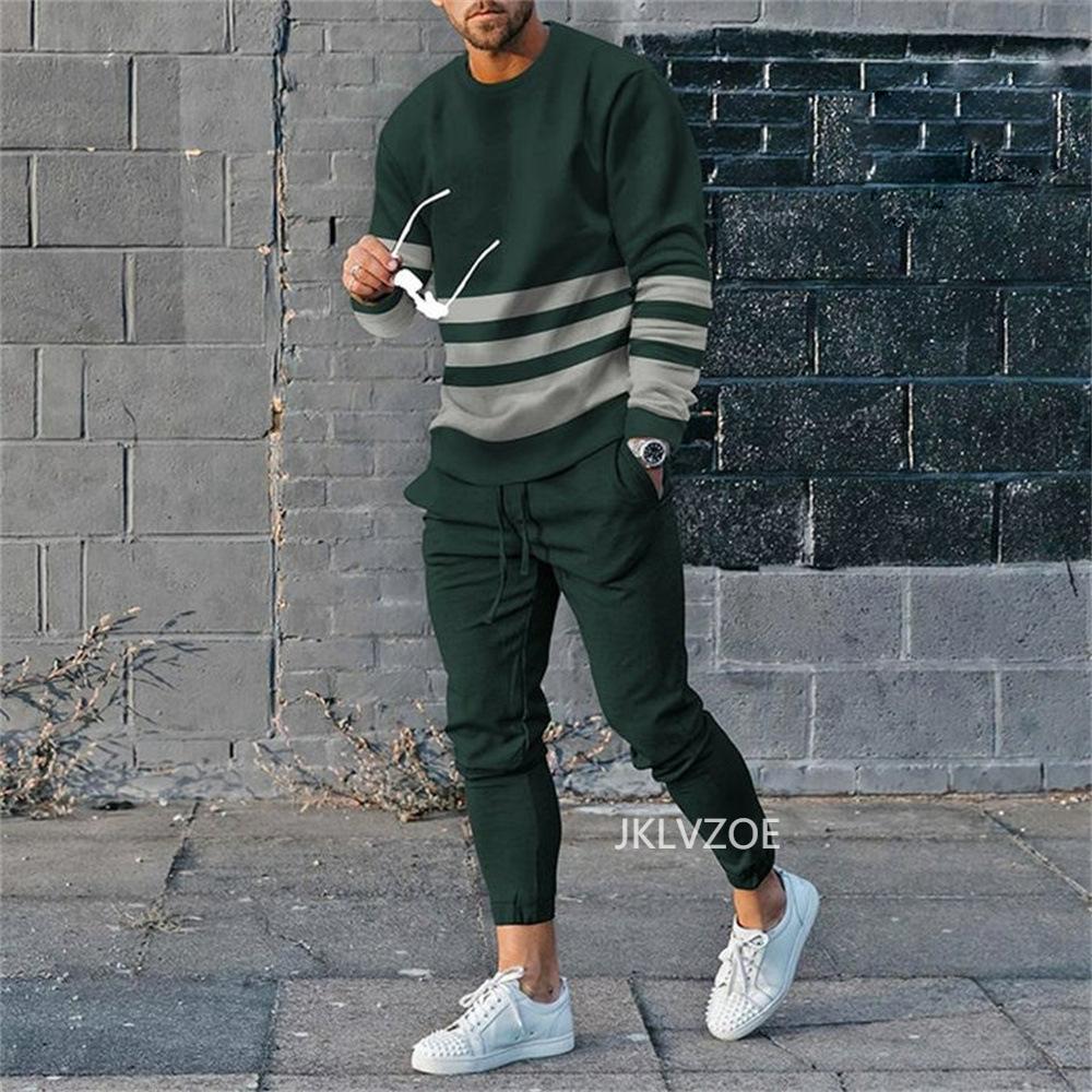 Осенний мужской костюм с футболкой и брюками в полоску с градиентным графическим принтом, спортивные костюмы свободного покроя с длинным рукавом, мужские брюки, комплект из 2 предметов