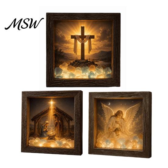 Faith Inspired Room Accents Coastal Lighthouse Sea Glass Shadow Box Night Light, LED Nativity Scene Religious Light Wall Mounted Wooden Frame