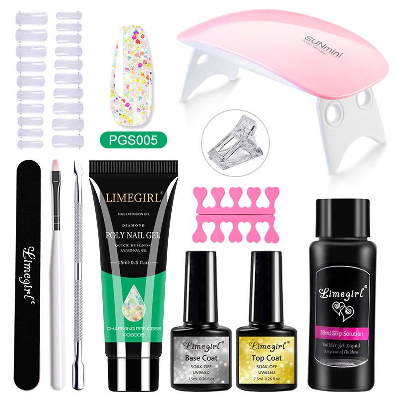Набор полигелей для ногтей Limegirl Поли УФ-гель Прозрачный/Розовый акрил Быстро наращиваемый наращивание пальцев Набор инструментов для ногтей с отмачиваемым УФ-гелем-лаком