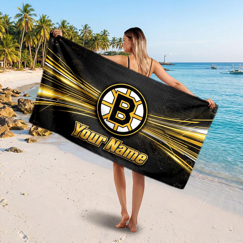 Boston Bruins Customized Name Text Beach Towel, Soft Absorbent Towel Beach Pool Travel Personal Gift