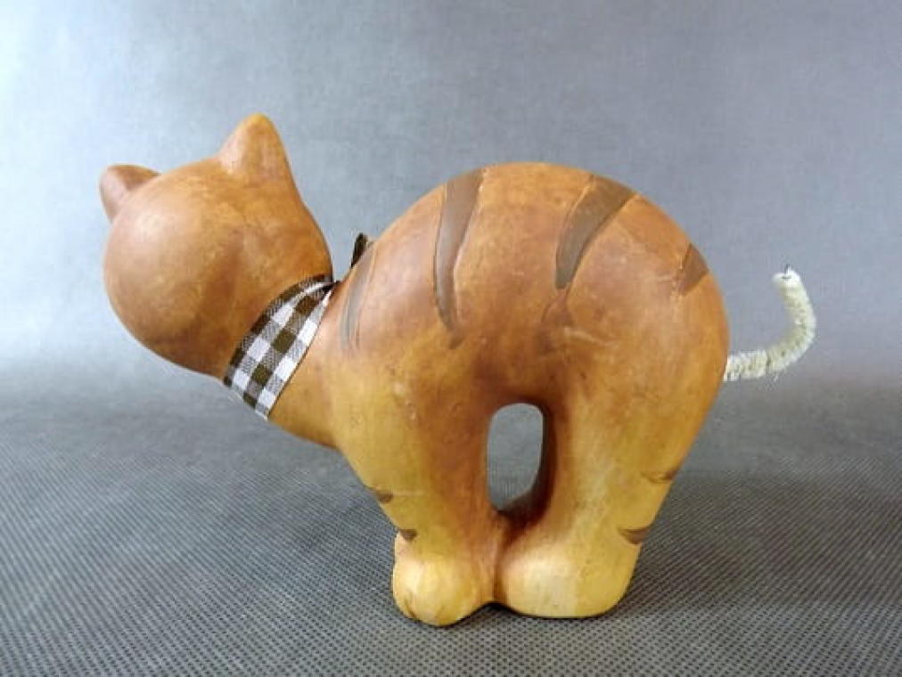 Ceramic Figurine of a Standing Cat with a Checkered Ribbon and Bell, Brown, 12x15 cm