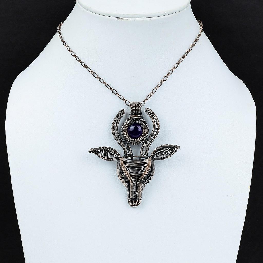 Подвеска из африканского аметиста, обернутая медной проволокой, подвеска в виде коровьей морды, подвеска из драгоценных камней, обернутая проволокой, ювелирные изделия для подарка, медные украшения ручной работы