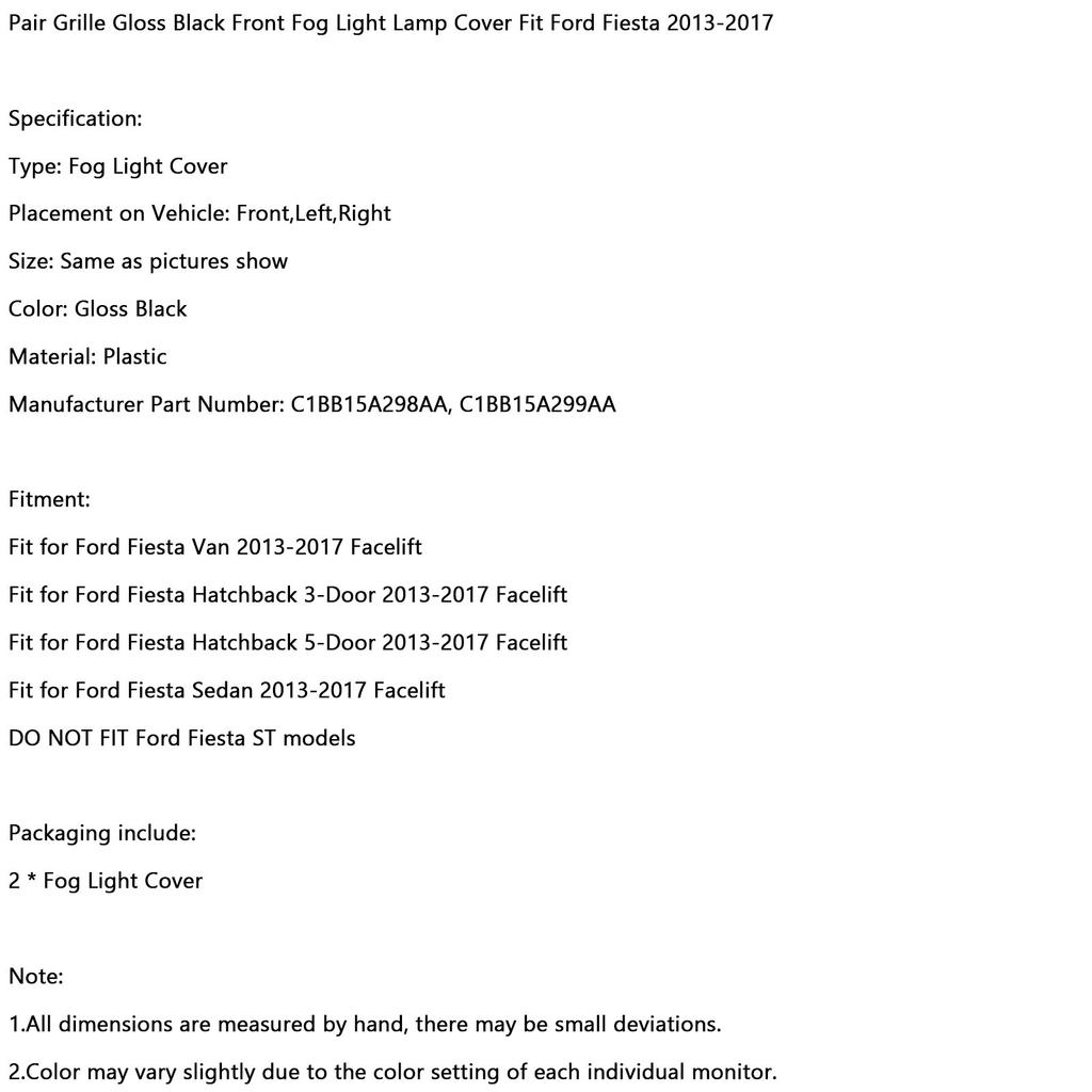 Areyourshop Pair Grille Gloss Black Front Fog Light Lamp Cover Fit Ford Fiesta 2013-2017