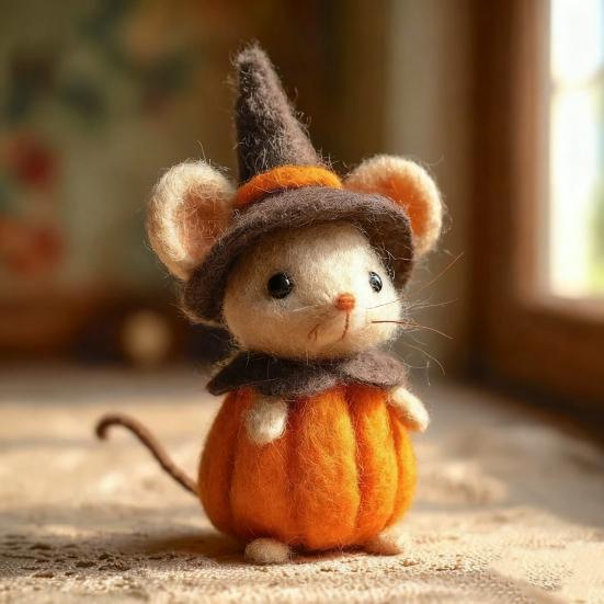 Halloween Felt Mouse Accessories Handmade Animals Statue with Pumpkin Decoration Table Shelf Desk Ornament
