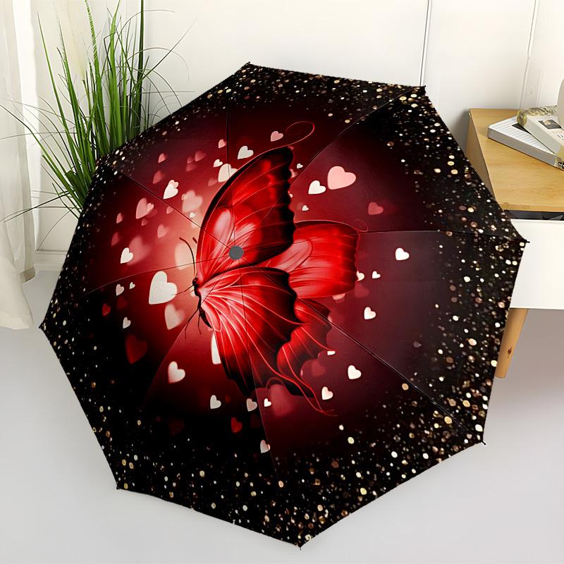 1pc Butterfly Heart Fashionable Automatic Opening/Closing Folding Umbrella with 8 Iron Bones, Plastic Handle yy251015046